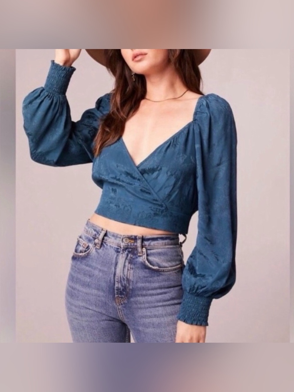 NWT Band of the Free ~ Small ~ Teal Floral Cropped Puff-Sleeve Wrap Blouse